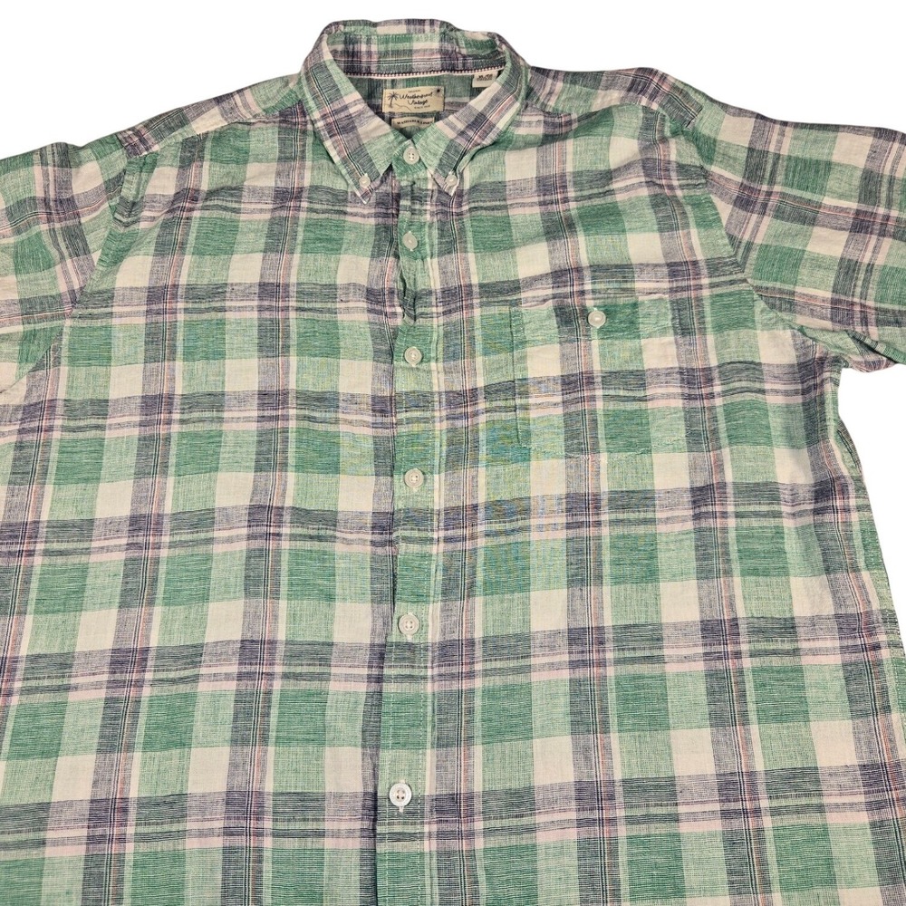 Weatherproof Vintage Mens Green‎ Plaid Linen Cotton Short Sleeve Shirt XL